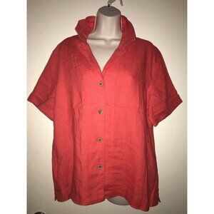Chico’s Women’s Cherry Red Tunic Rolltab Sleeve SZ 3 (XL) Linen Button Up Blouse